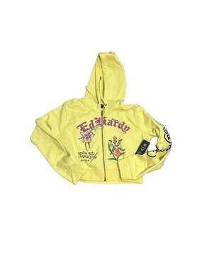 Ed Hardy Phoenix Cropped Graphic Full-Zip Hoodie in Lemon